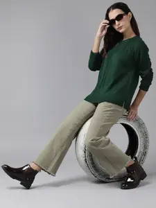 Roadster Women Green Cable Knit Acrylic Pullover