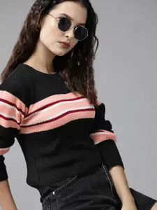 Roadster Women Black & Pink Striped Pullover