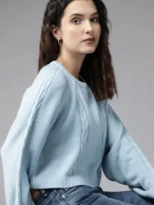 Roadster Women Blue Cable Knit Pullover