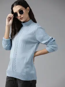 Roadster Women Blue Cable Knit Acrylic Pullover