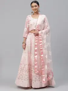 Divine International Trading Co Pink & Off White Embroidered Sequinned Semi-Stitched Lehenga & Unstitched