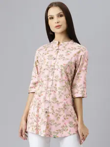 Divena Pink Floral Print Mandarin Collar Roll-Up Sleeves Shirt Style Top