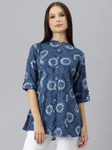 Divena Blue Floral Print Mandarin Collar Roll-Up Sleeves Shirt Style Top