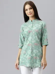 Divena Sea Green Floral Print Mandarin Collar Roll-Up Sleeves Shirt Style Top