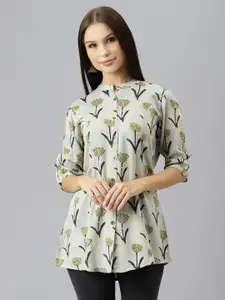 Divena Green Floral Print Mandarin Collar Roll-Up Sleeves Shirt Style Top