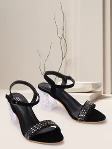 TWIN TOES Women Black Embellished Party Block Heels  with Buckles