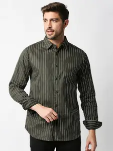 VALEN CLUB Men Olive Green Slim Fit Striped Casual Shirt