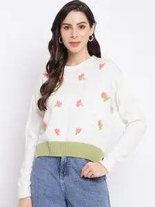 Latin Quarters Women White & Peach-Coloured Floral Pullover Sweater