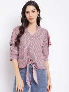 Latin Quarters Pink & Grey Striped Mandarin Collar Shirt Style Top