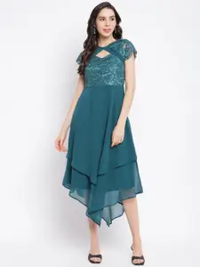 Latin Quarters Women Teal Embroidered Keyhole Neck A-Line Polyester Midi Dress