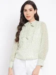Latin Quarters Women Green Printed  Tie-Up Neck Long Sleeves Shirt Style Top