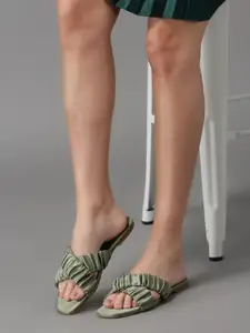 Monrow Women Olive Green Embellished Party Open Toe Flats