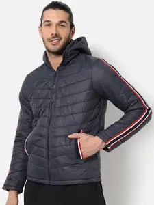 Campus Sutra Men Blue Windcheater Crop Outdoor Padded Jacket with Patchwork