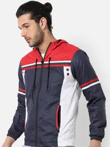 Campus Sutra Men Blue Striped Windcheater Outdoor Sporty Jacket