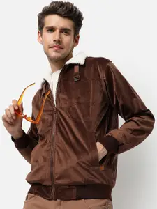 Campus Sutra Men Brown Camouflage Suede Windcheater Outdoor Bomber Jacket