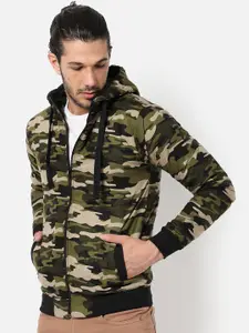 Campus Sutra Men Olive Green Camouflage Windcheater Outdoor Open Front Jacket