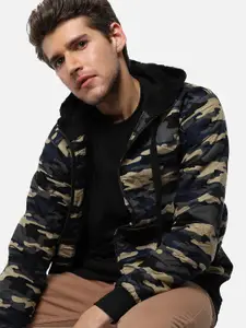 Campus Sutra Men Grey Beige Camouflage Windcheater Outdoor Cotton Tailored Jacket