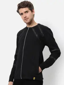 Campus Sutra Men Black Windcheater Outdoor Sporty Jacket with Embroidered