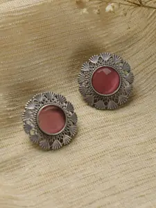 Priyaasi Silver-Plated & Pink Engraved Oxidised Circular Studs Earrings
