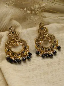 Priyaasi Gold Plated & Black Studded Floral Bead Chandbalis Earrings