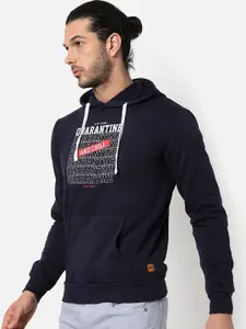 Campus Sutra Men Navy Blue Printed Hooded Cotton Sweatshirt