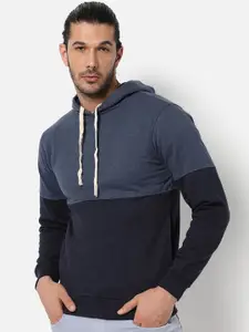 Campus Sutra Men Blue Colourblocked Hooded Cotton Sweatshirt