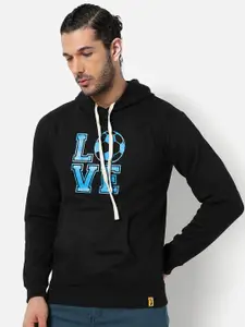 Campus Sutra Men Black Printed Hooded Sweatshirt