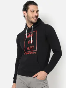 Campus Sutra Men Black Printed Cotton Hooded Sweatshirt