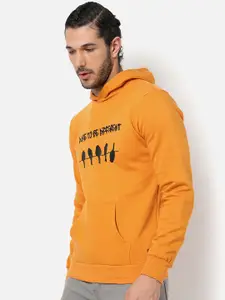 Campus Sutra Men Mustard Printed Hooded Cotton Sweatshirt