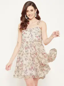 Bitterlime Off White Floral Georgette Mini Dress