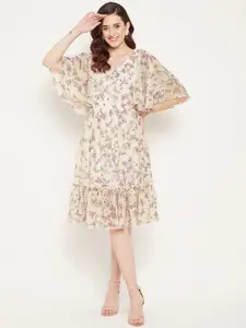 Bitterlime Off White Floral Georgette Dress