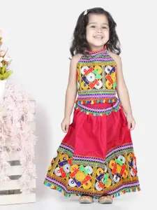 BownBee Girls Pink & Blue Embroidered Thread Work Halter Neck Cotton Lehenga Choli