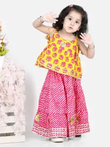 BownBee Girls Yellow & Pink Printed Top with Skirt