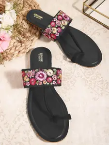 Anouk Women Black & Pink Floral Embroidered Ethnic One Toe Flats