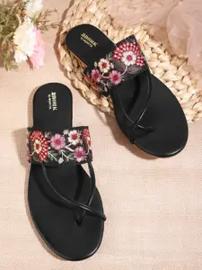 Anouk Women Black & Red Floral Embroidered Ethnic One Toe Flats