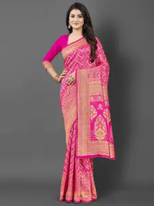 KALINI Pink & Gold-Toned Floral Zari Silk Blend Banarasi Saree