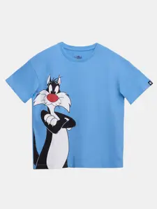 The Souled Store Boys Sea Blue Looney Tunes Sylvester Placement Print Oversized T-Shirt
