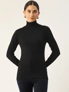 Madame Women Black Solid Turtle Neck Knitted Pullover