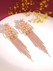 Yellow Chimes Pink Floral Shaped Crystal Peach Long Chain Dangler Earrings