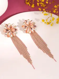 Yellow Chimes Pink Floral Shaped Crystal Long Chain Dangler Earrings
