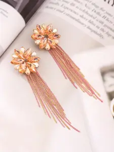 Yellow Chimes Pink Floral Shaped Crystal Long Chain Dangler Earrings