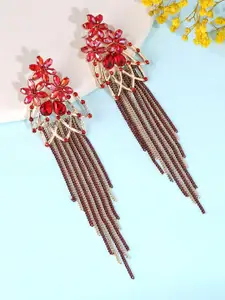 Yellow Chimes Red Floral Shaped Crystal Red Long Chain Dangler Earrings