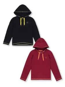 KiddoPanti Boys Pack Of 2 Black & Maroon Hooded Sweatshirts
