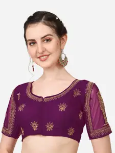 Sumaira Tex Violet & Gold-Toned Embroidered Silk Padded Saree Blouse