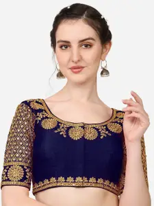 PUJIA MILLS Navy Blue Embroidered Readymade Saree Blouse