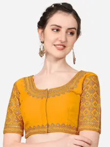 PUJIA MILLS Yellow & Gold-Coloured Embroidered Saree Blouse