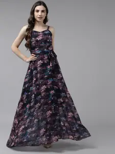 Aarika Women Black & Purple Floral Georgette Maxi Dress