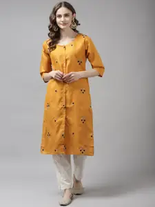 Aarika Women Mustard Yellow Embroidered  Thread Work Handloom Kurta