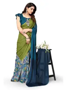 Yashika Green & Blue Georgette Floral  Printed Saree With Unstiched Blouse