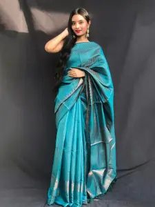 Mitera Teal & Copper-Toned Striped Zari Kanjeevaram Saree